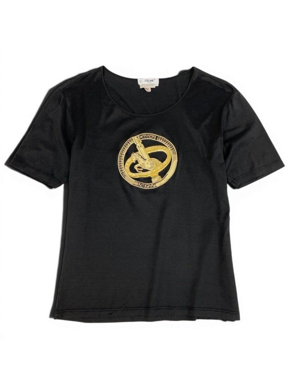 Celine Carriage Logo Embroidery Short Sleeve T-Shirt Vintage Black Cotton